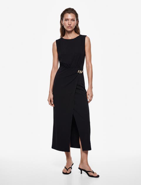 Sleeveless Crew Neck Draped Midi Dress with Accessory Detail