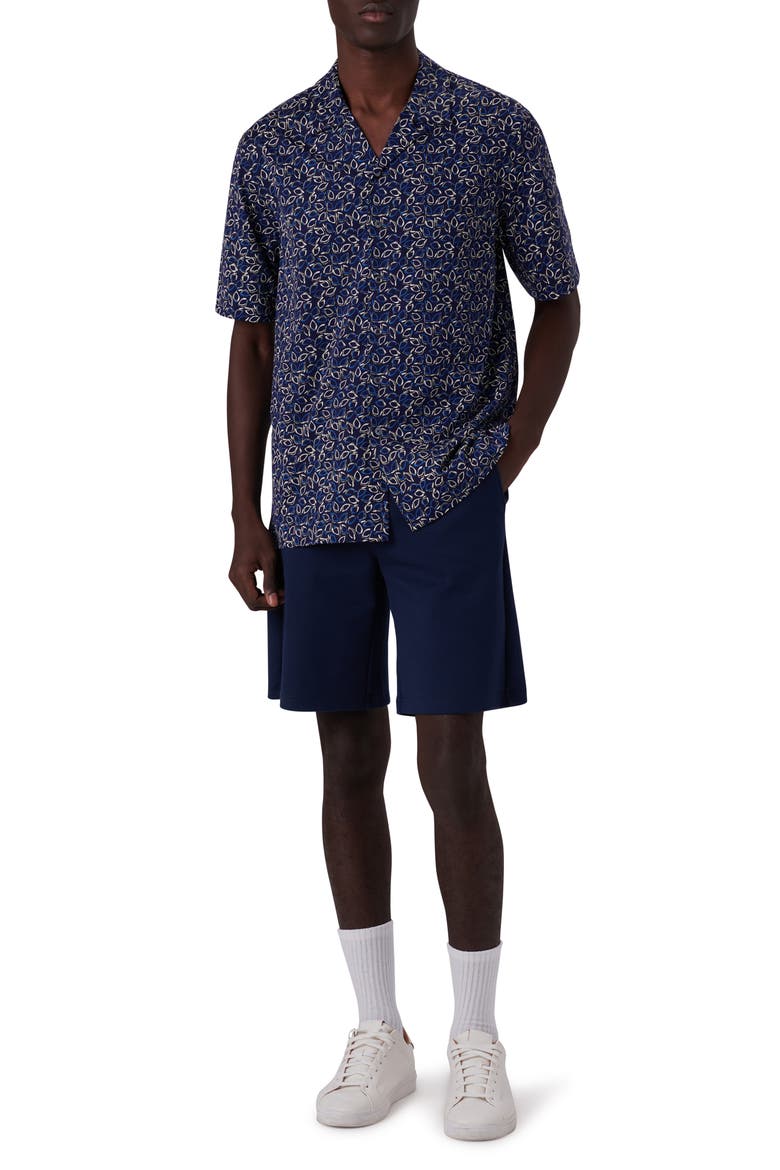 OoohCotton® Tech Leaf Print Knit Short Sleeve Button-Up Camp Shirt, Alternate, color, NAVY