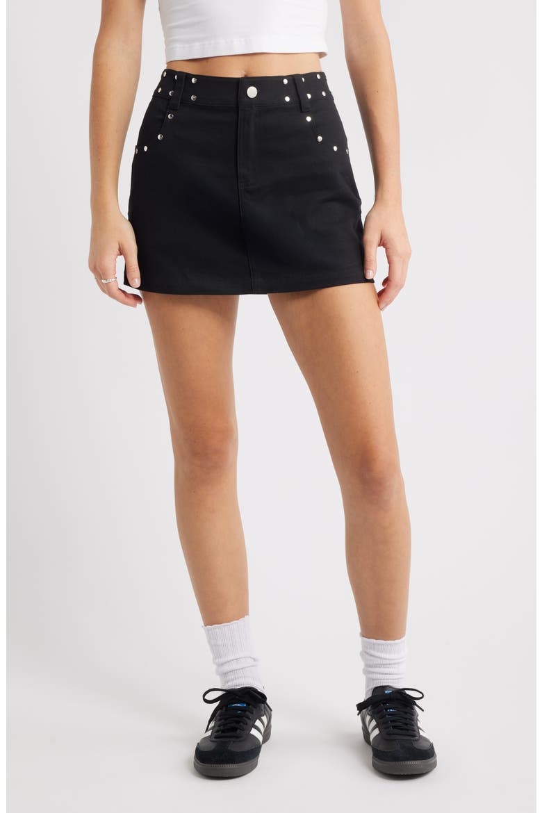Stud Denim Miniskirt, Main, color, BLACK
