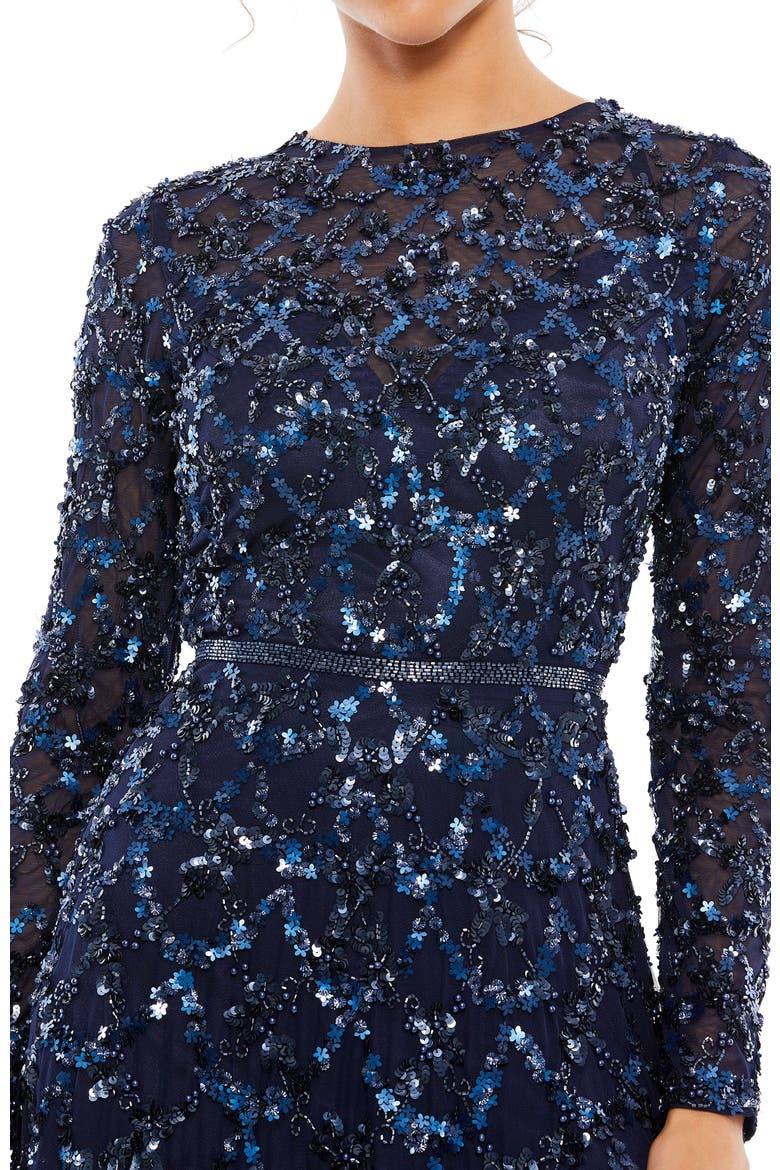 Embellished Illusion High Neck Long Sleeve A Line Gown, Alternate, color, Midnight