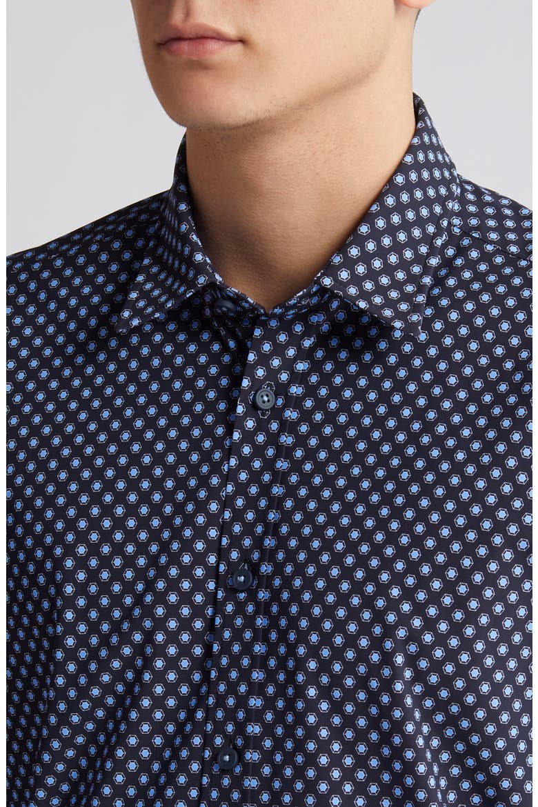 Liam Regular Fit Geometric Medallion Print Stretch Button-Up Shirt, Alternate, color, NVY