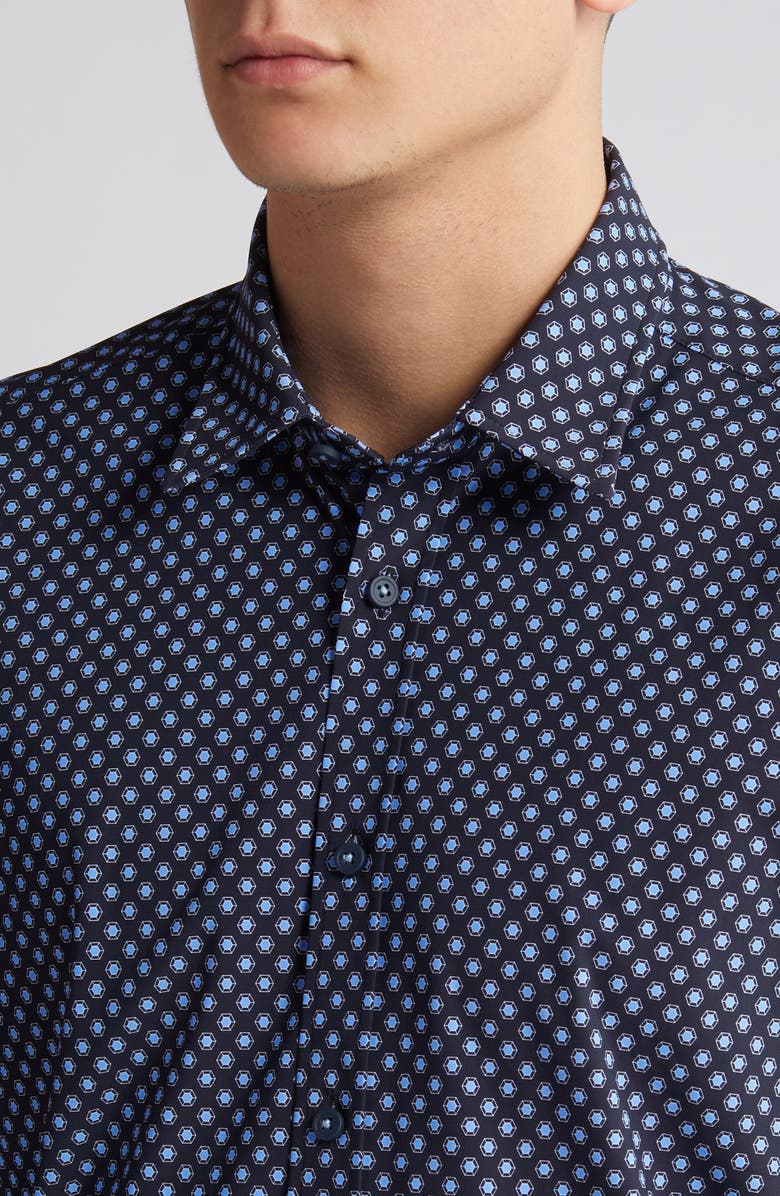 BOSS Liam Regular Fit Geometric Medallion Print Stretch Button-Up Shirt, Alternate, color, Nvy