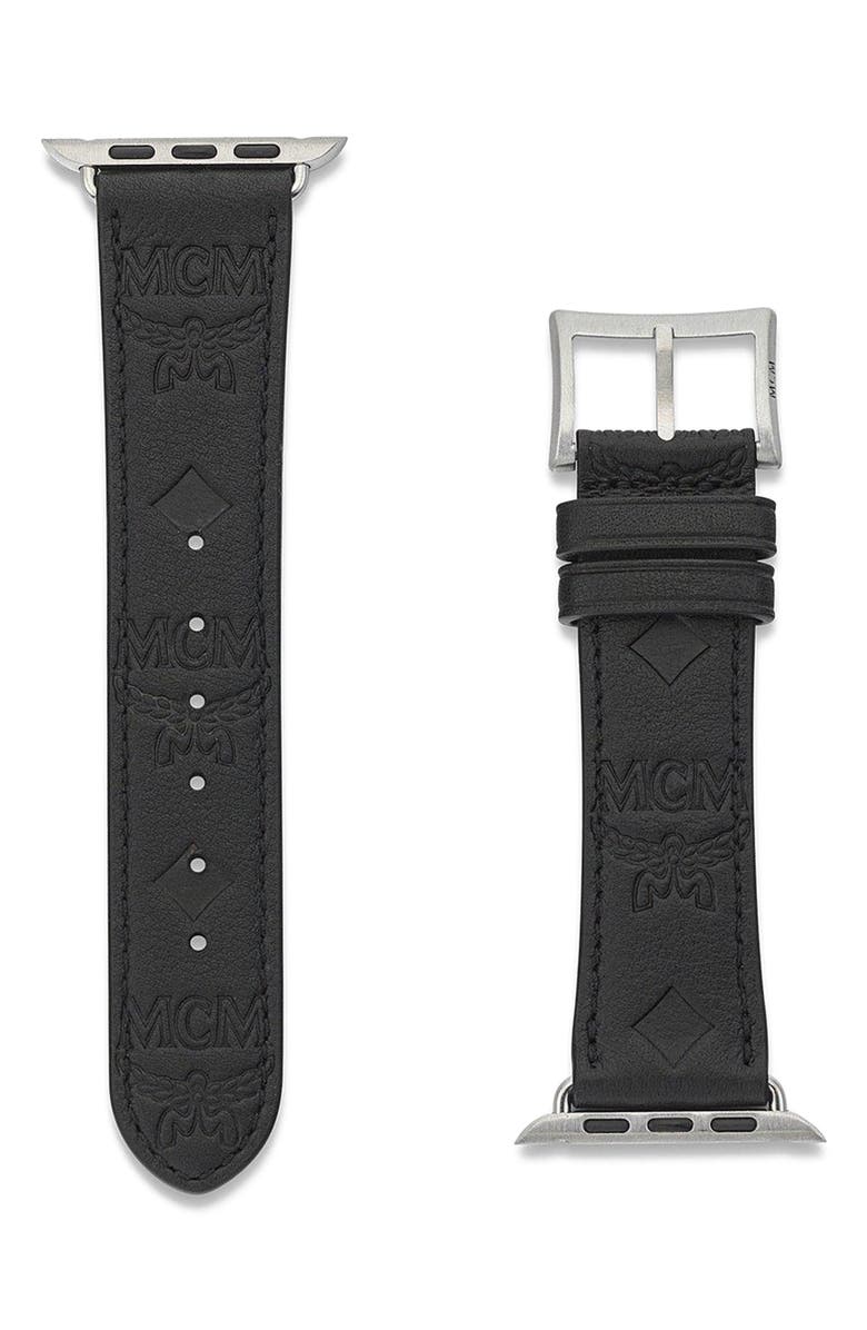 MCM Apple Watch Band in Embossed Monogram Leather, Alternate, color, Black