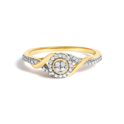 10K Yellow Gold 1/10 Cttw Diamond Swirl and Halo Promise Ring