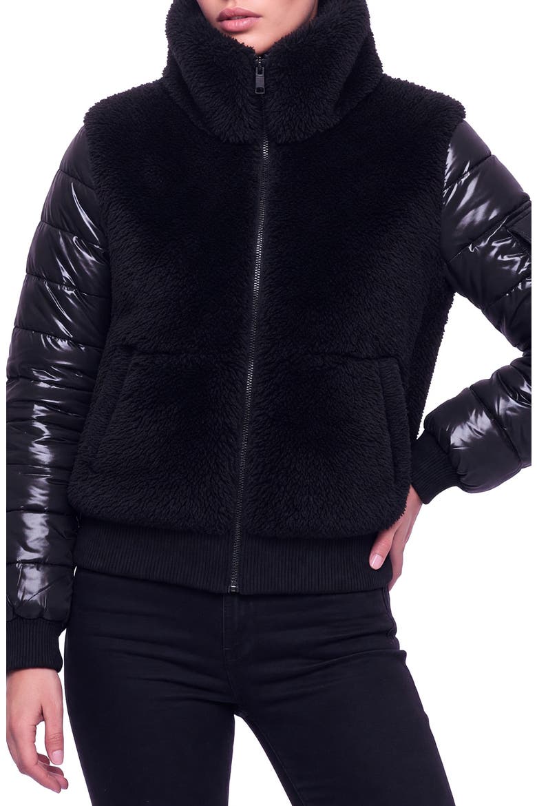 Carrie Mixed Media Fleece Bomber Jacket, Main, color, JET/ BLACK