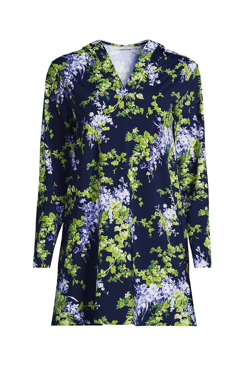 SunShade UPF 50 Hooded Mini Swim Swim Cover-Up Dress, Alternate, color, Navy/White Blooms