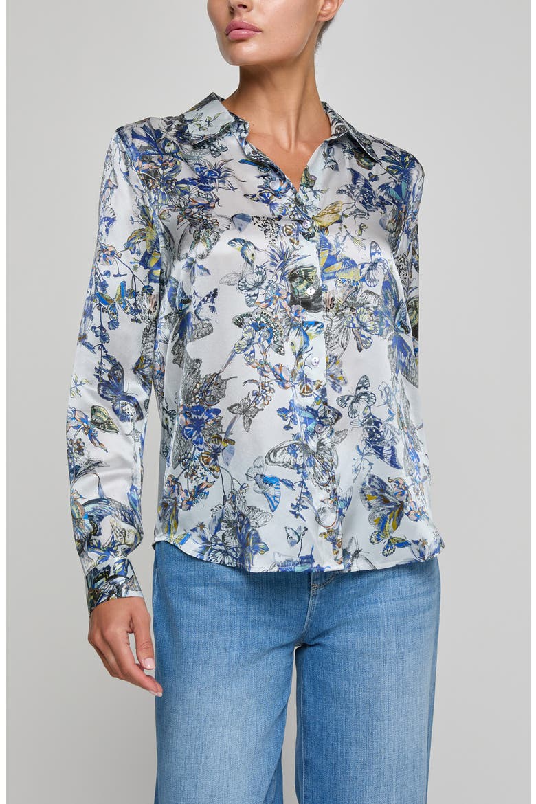 Tyler Butterfly Print Silk Button-Up Shirt, Main, color, MULTI BLUE