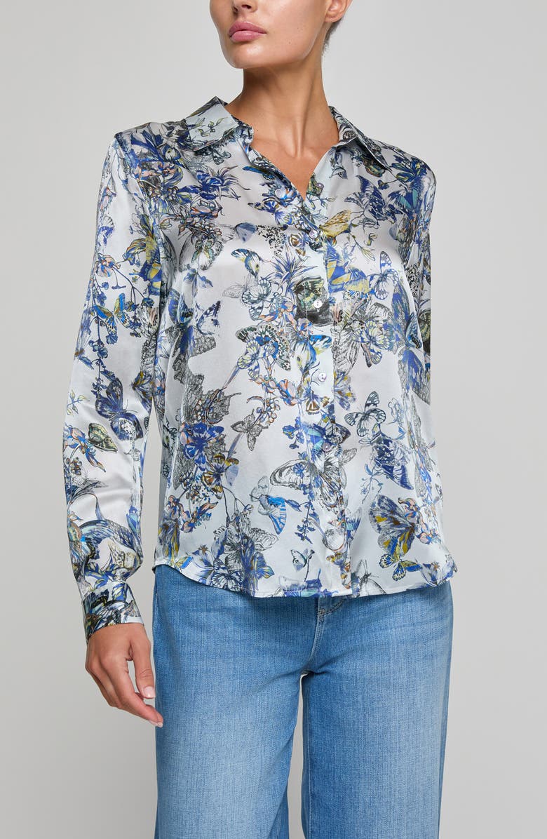 L'AGENCE Tyler Butterfly Print Silk Button-Up Shirt, Main, color, Multi Blue