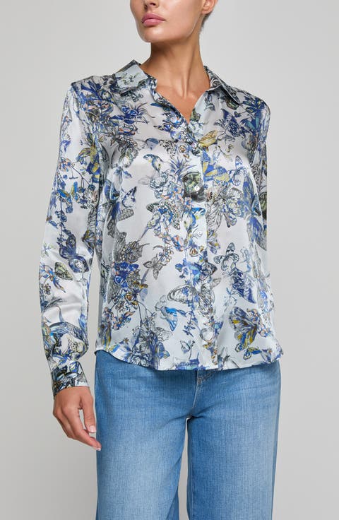 Tyler Butterfly Print Silk Button-Up Shirt