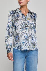 L'AGENCE Tyler Butterfly Print Silk Button-Up Shirt