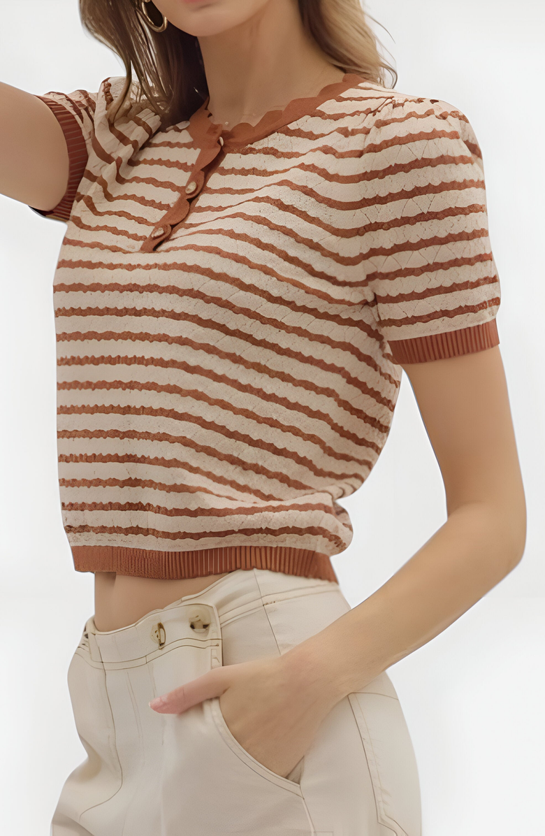 Modenaire Striped Short Sleeve Knit Top with Button Placket and Scallop Trim, Alternate, color, 