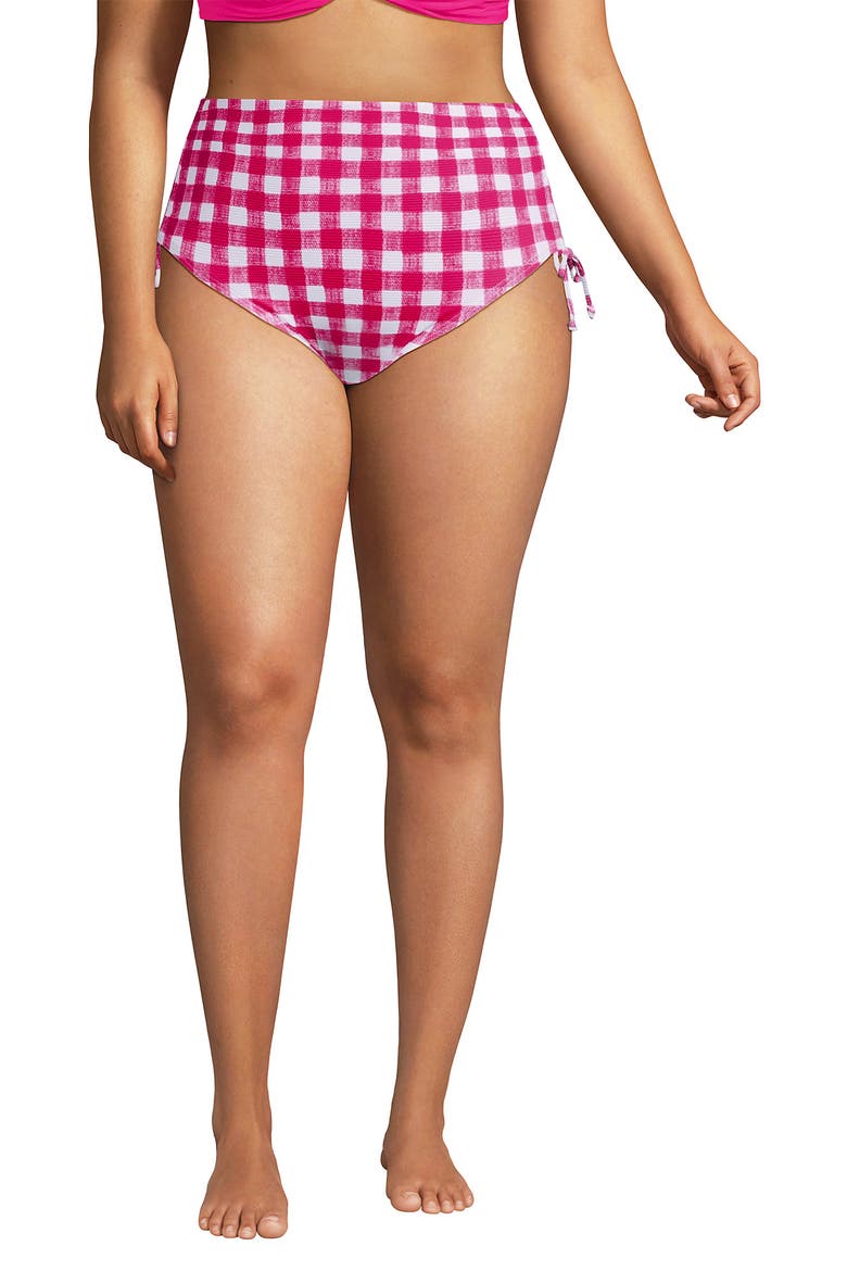 Chlorine Resistant Adjustable High Waisted Bikini Swim Bottoms, Alternate, color, Azalea Pink Gingham Pique