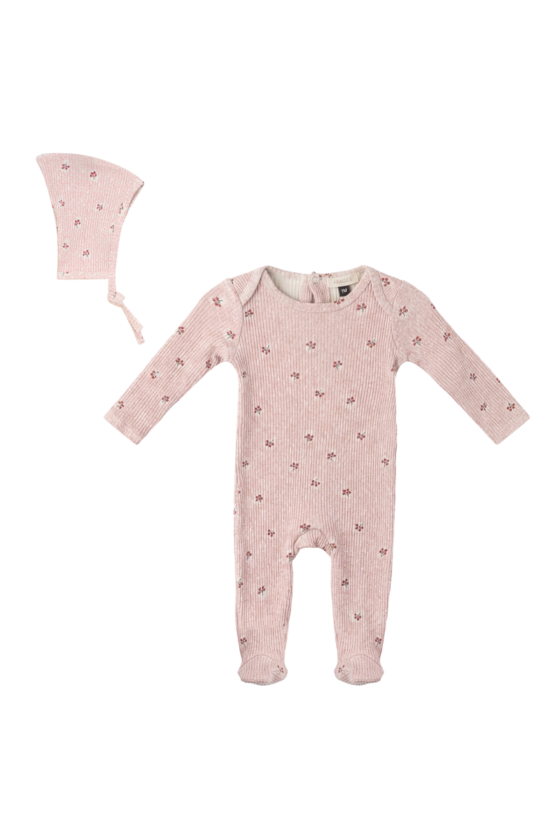 Fragile Girl Cherry Print Rib Romper with Bonnet, Main, color, Pink