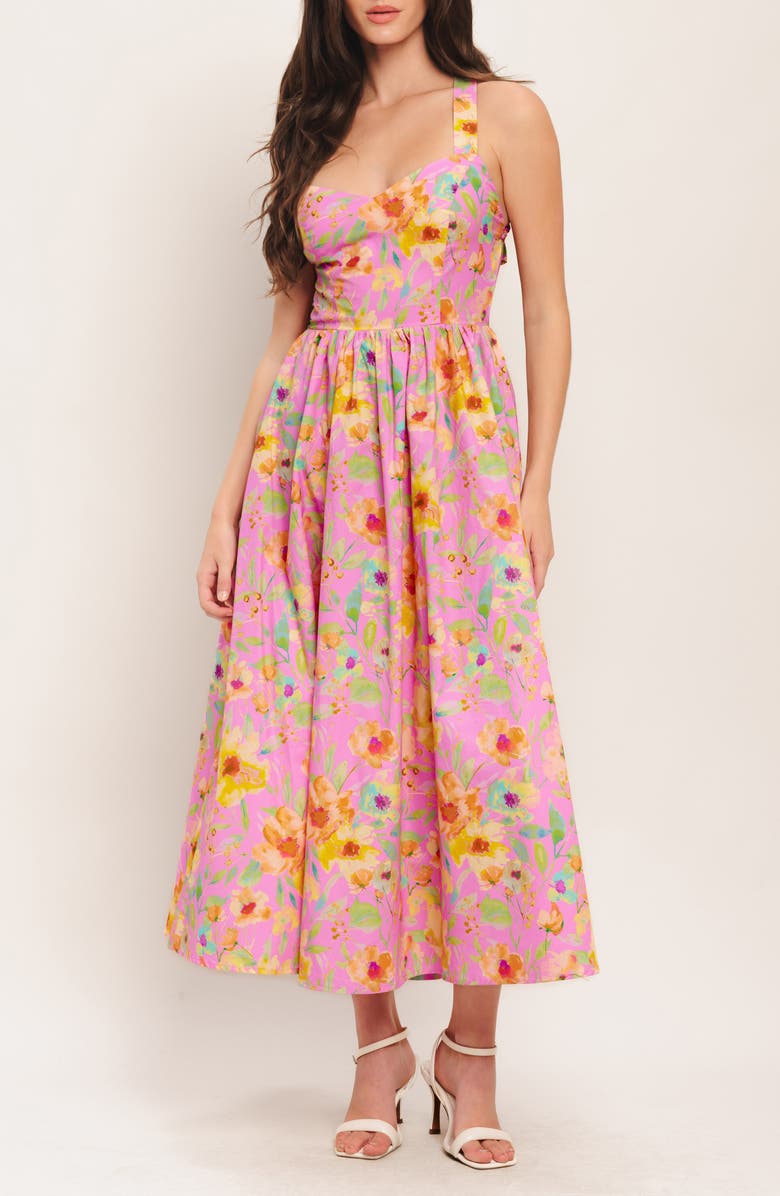 FLYING TOMATO Print Open Back Midi Dress, Main, color, Pink