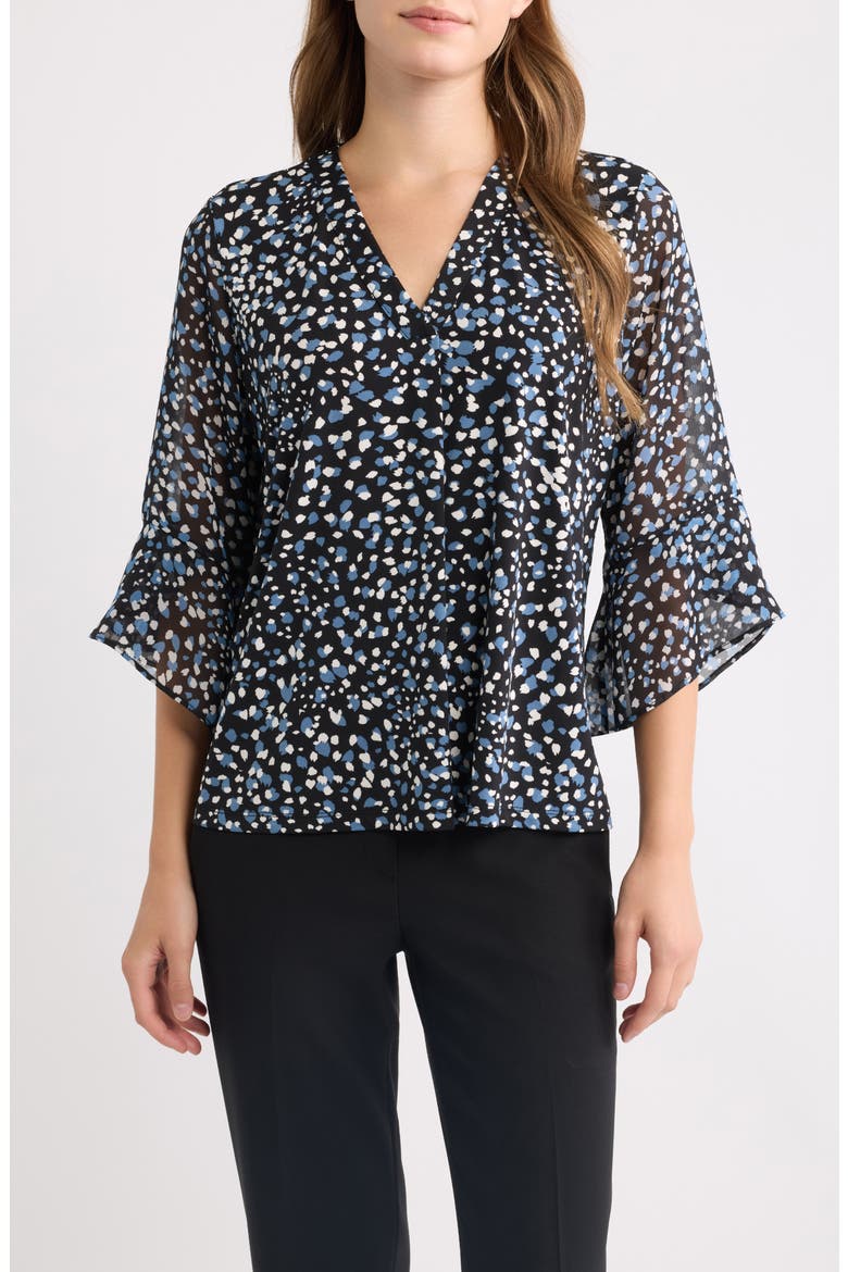 Print Mixed Media Split Neck Top, Main, color, ANNE BLACK/ DUTCH BLUE MULTI