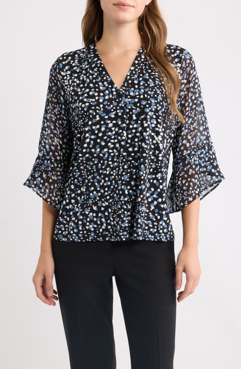 Print Mixed Media Split Neck Top