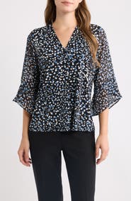 AK ANNE KLEIN Print Mixed Media Split Neck Top