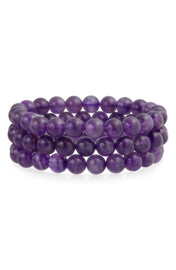 Bling Jewelry Set Of 3 Semiprecious Stone Beaded Stretch Bracelets In Amethyst