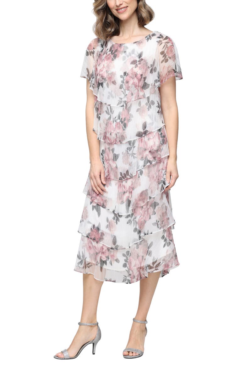 Tiered Floral Shimmer Midi Dress, Main, color, IVORY/ PINK