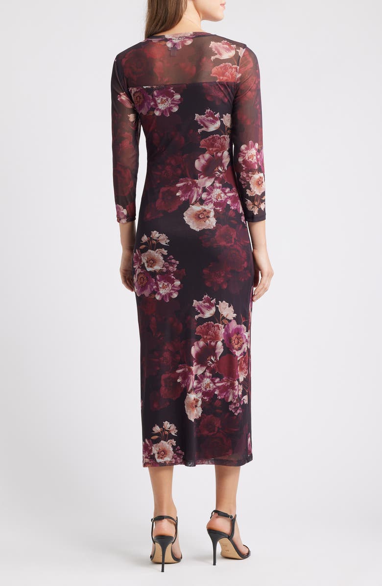 Anne Klein Ruched Long Sleeve Illusion Neck Midi Dress, Alternate, color, Midnight Chianti Multi