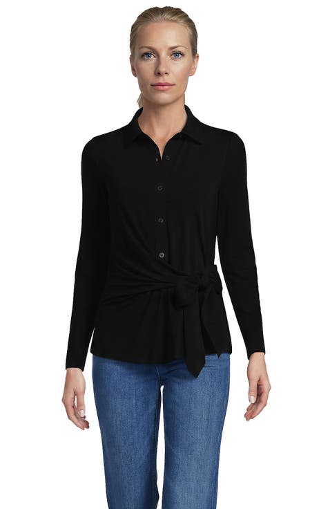 Long Sleeve Lightweight Jersey Adjustable Tie Collar Top