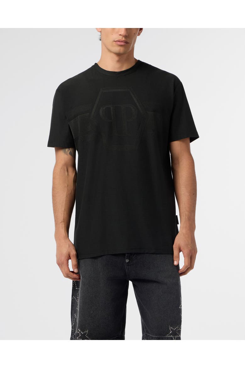 Round Neck T-Shirt Jacquard Hexagon Line Men, Main, color, black