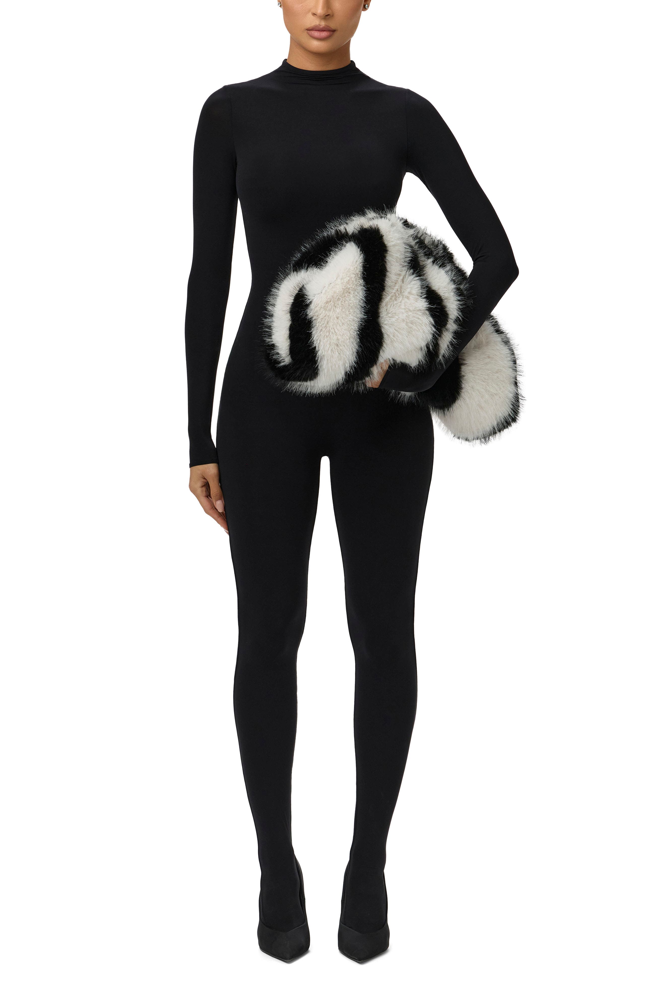 Naked Wardrobe Zebra Faux Fur Large Clutch, Alternate, color, Black/ White