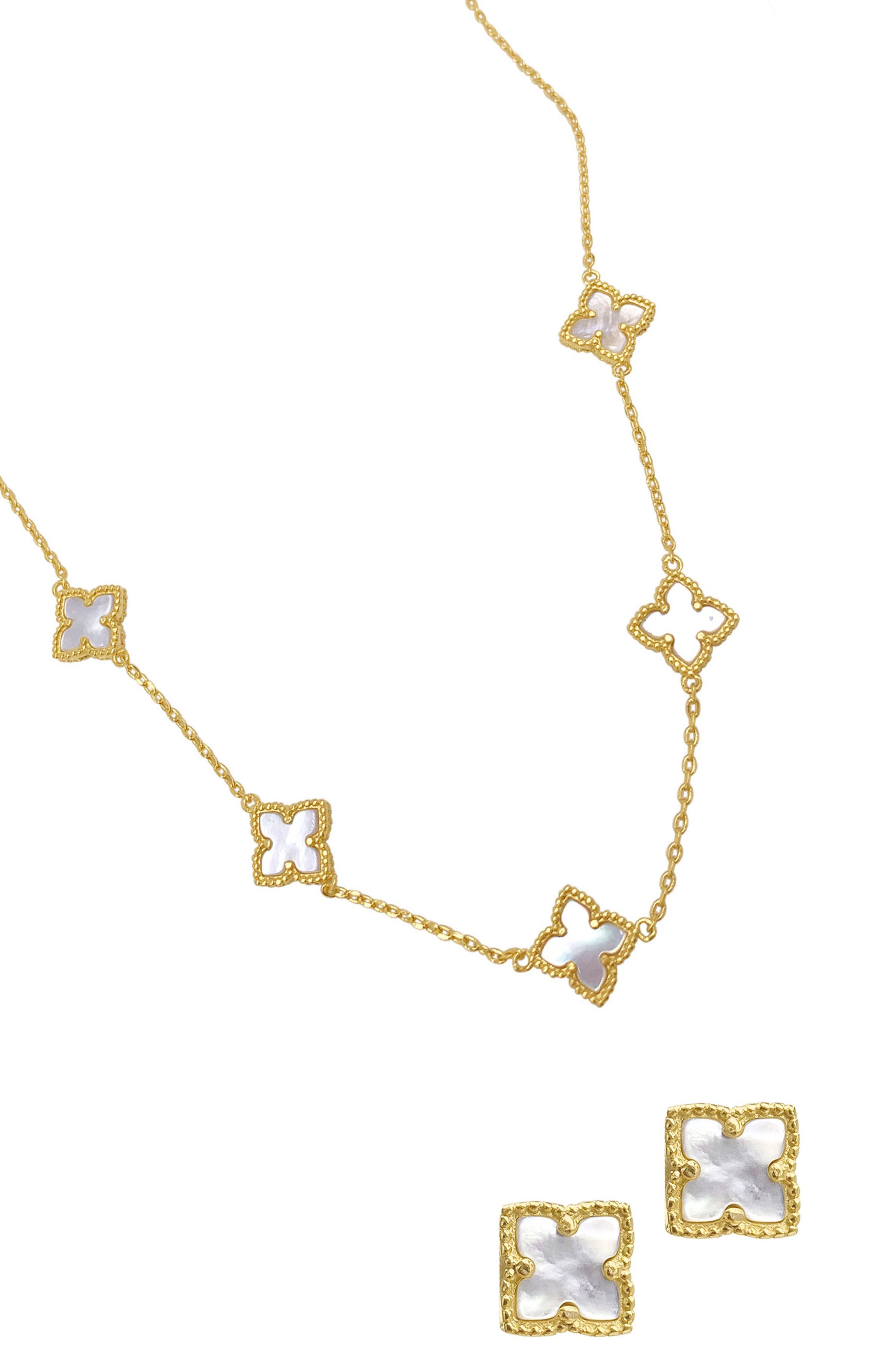 Adornia Clover Mother-of-Pearl Stud Earrings & Necklace Set