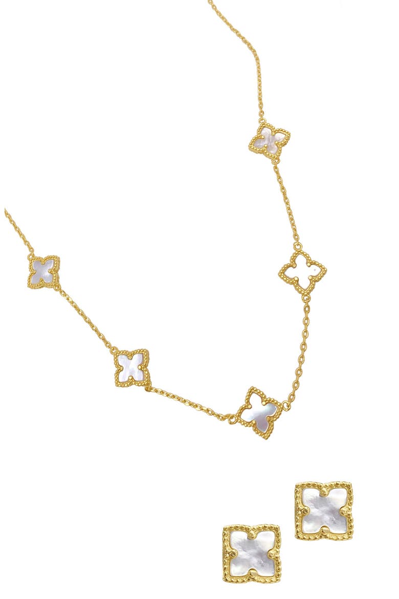 Clover Mother-of-Pearl Stud Earrings & Necklace Set, Main, color, WHITE/ GOLD