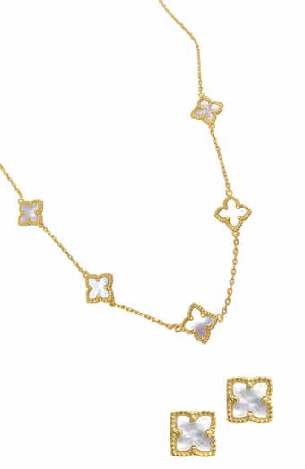 Clover Mother-of-Pearl Stud Earrings & Necklace Set