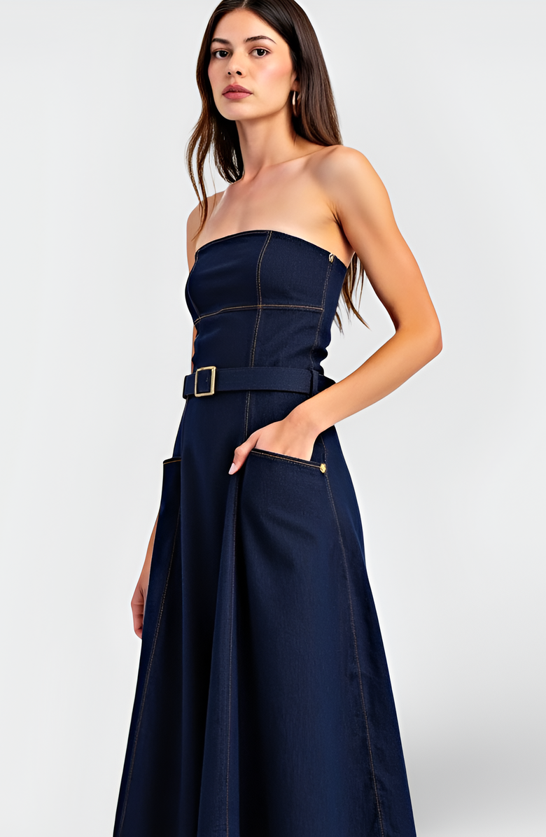 Modenaire Strapless Denim Midi Dress with Belted Waist, Contrast Stitching and Pockets, Alternate, color,