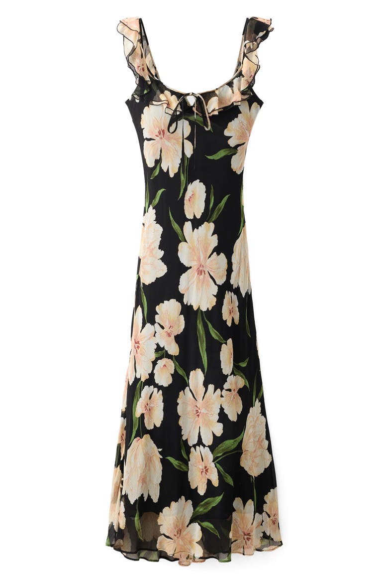 Floral Print Ruffle Dress, Alternate, color, BLACK
