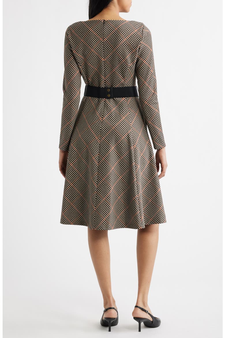 Check Bias Cut Long Sleeve Fit & Flare Dress, Alternate, color, BLACK COGNAC