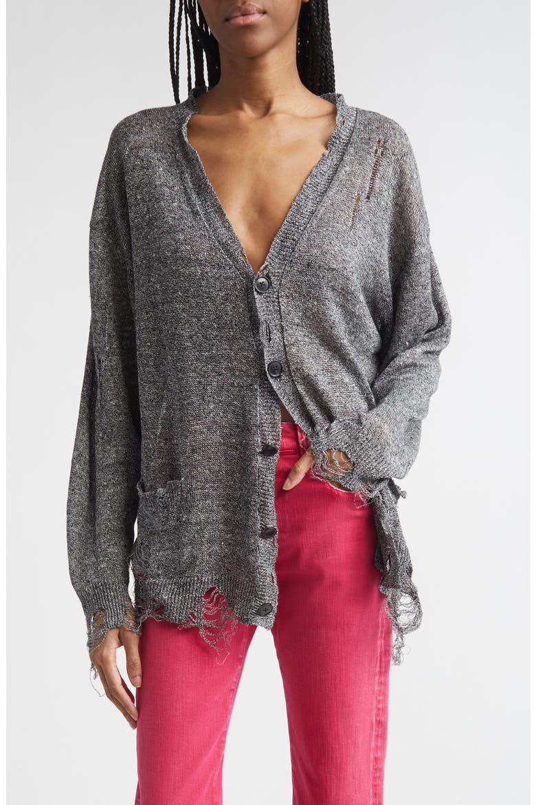 Ripped Linen Cardigan, Main, color, BLACK MULTI