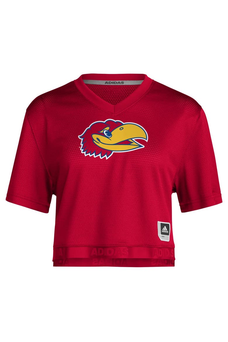 Women's adidas Red Kansas Jayhawks Primegreen V-Neck Cropped Jersey, Alternate, color, Red