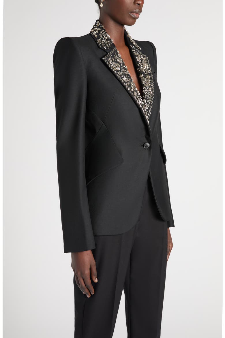 Embroidered Lapel Single-Breasted Wool Jacket, Alternate, color, BLACK
