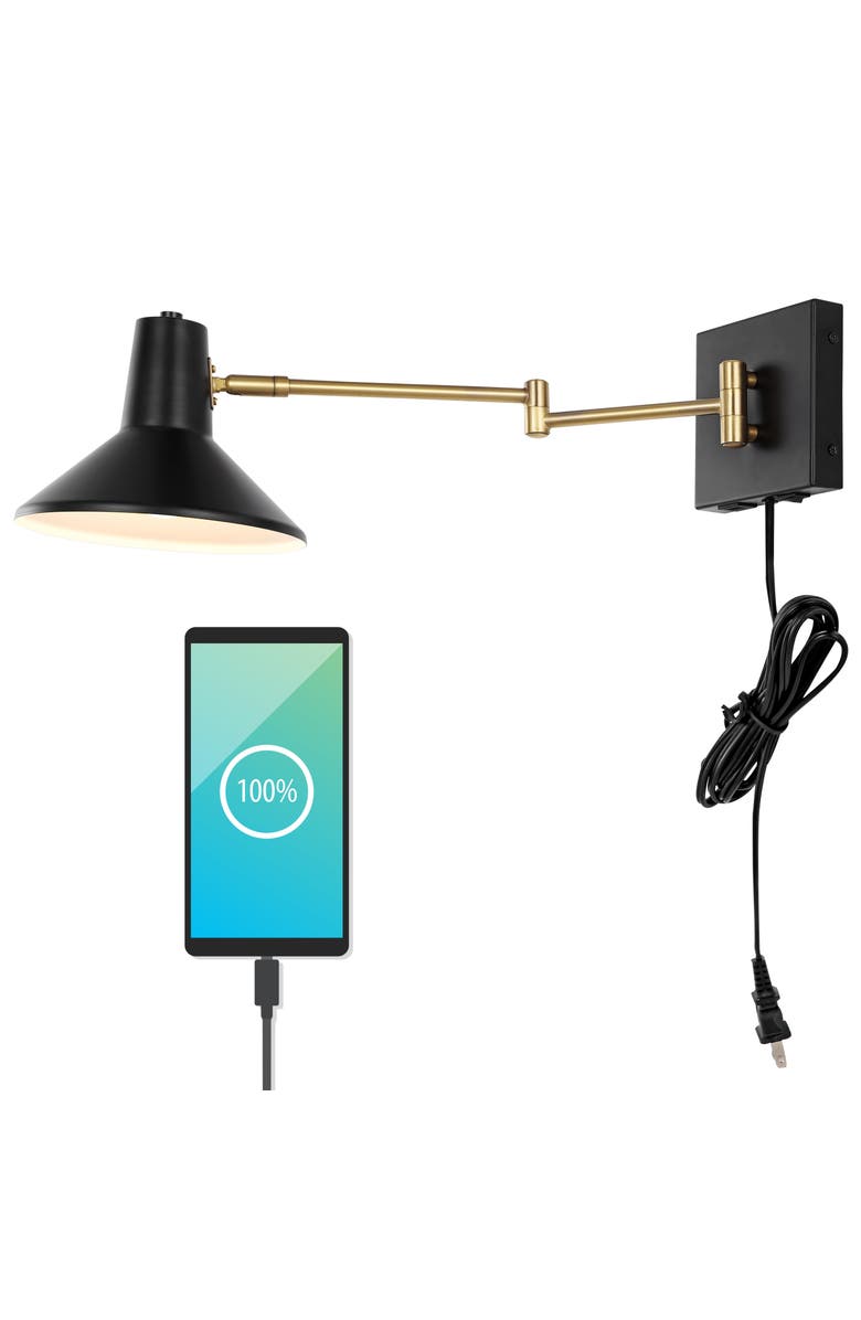 JONATHAN Y Hygge Swing Arm 1-Light Modern Midcentury Iron USB Charging Port LED Sconce, Main, color, Black