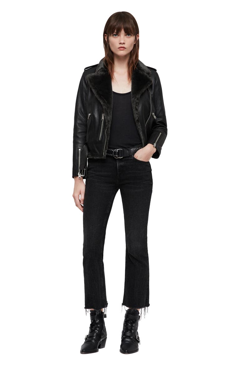 Balfern Lux Leather Biker Jacket with Faux Fur Trim, Alternate, color, BLACK/ MAGMA GREY