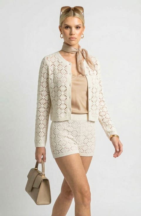 Two Piece Crochet Knit Set with Button Front Cardigan and Shorts