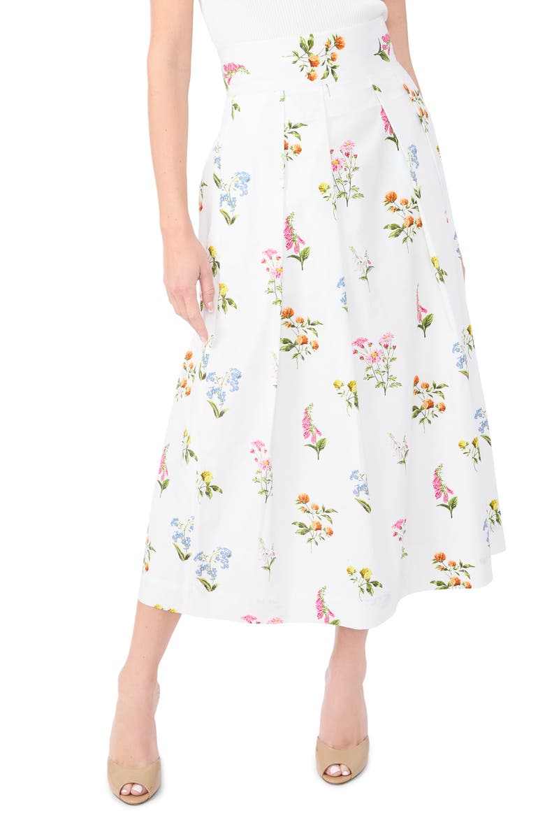 Rihana Pleated Floral Cotton Midi Skirt, Main, color, VANILLA ICE