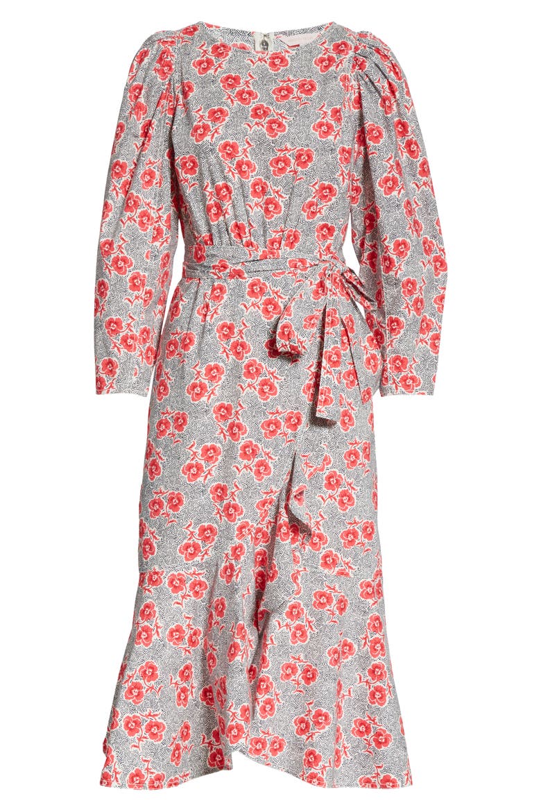 Coral Fleur Long Sleeve Cotton Midi Dress, Alternate, color, SNOW COMBO