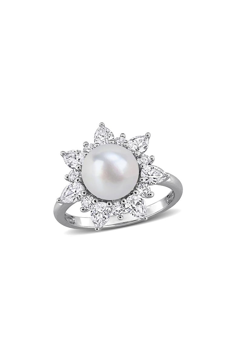 Cultured White Pearl & Lab Grown Sapphire Halo Ring, Main, color, WHITE GOLD
