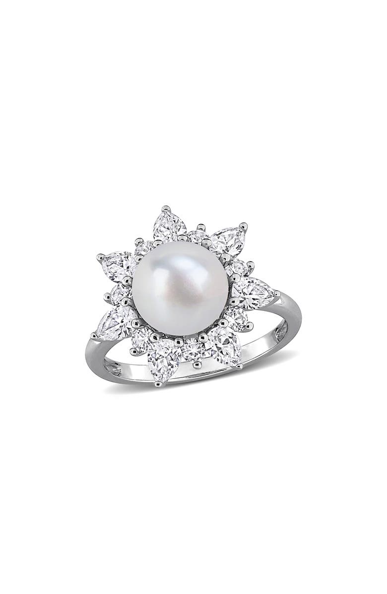 DELMAR Cultured White Pearl & Lab Grown Sapphire Halo Ring, Main, color, 