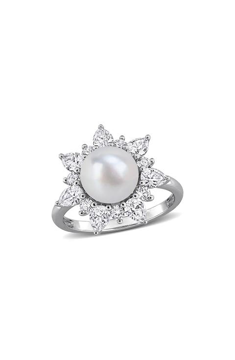 Cultured White Pearl & Lab Grown Sapphire Halo Ring