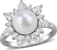 DELMAR Cultured White Pearl & Lab Grown Sapphire Halo Ring