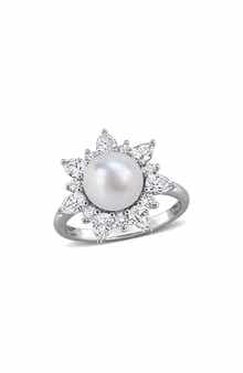 Cultured White Pearl & Lab Grown Sapphire Halo Ring