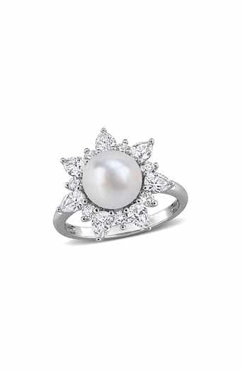 Cultured White Pearl & Lab Grown Sapphire Halo Ring
