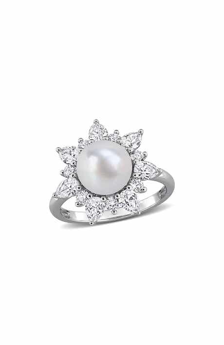DELMAR Cultured White Pearl & Lab Grown Sapphire Halo Ring
