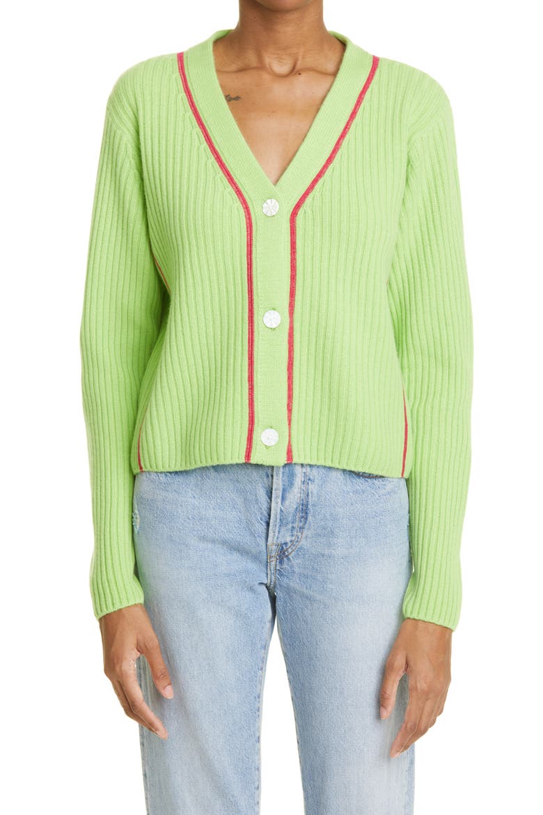 The Elder Statements Women's Rib Cashmere Cardigan, Main, color, CATERPILLAR W/ PETUNIA PINK