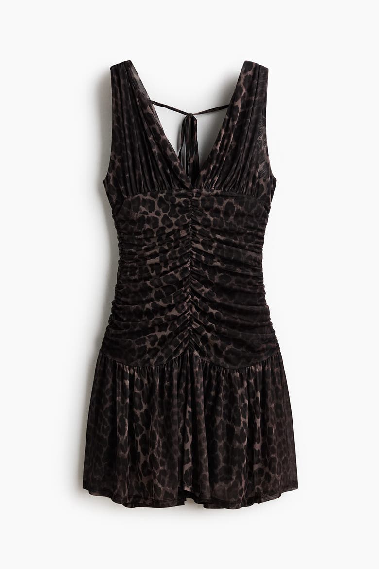 Ruched Flared-skirt Dress, Alternate, color, Black/leopard print